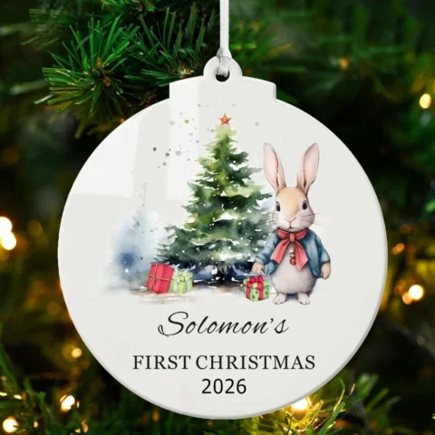 Personalised baby’s first Christmas acrylic bauble, 9 cm