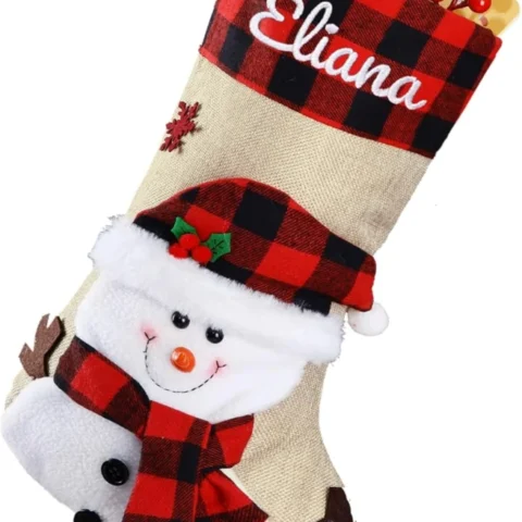 Personalised burlap plaid stocking with embroidered name, 18.5 inch