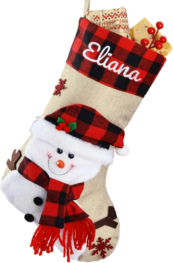 Personalised burlap plaid stocking with embroidered name, 18.5 inch