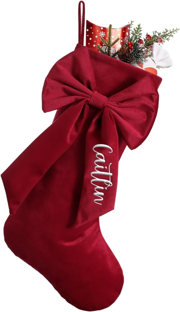 Personalised cable-knit Christmas stocking with a bow, 46 cm