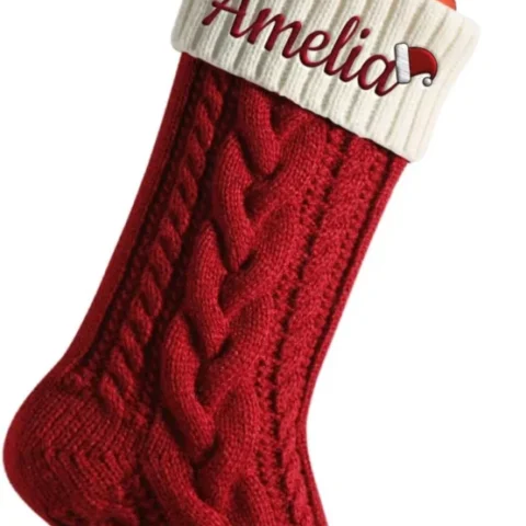 Personalised chunky cable knit Christmas stocking with optional hook