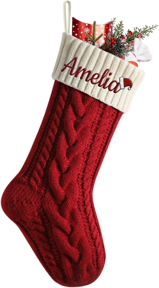 Personalised chunky cable knit Christmas stocking with optional hook