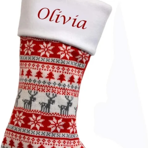 Personalised Fair Isle knit Christmas stocking, red and cream, 40 cm