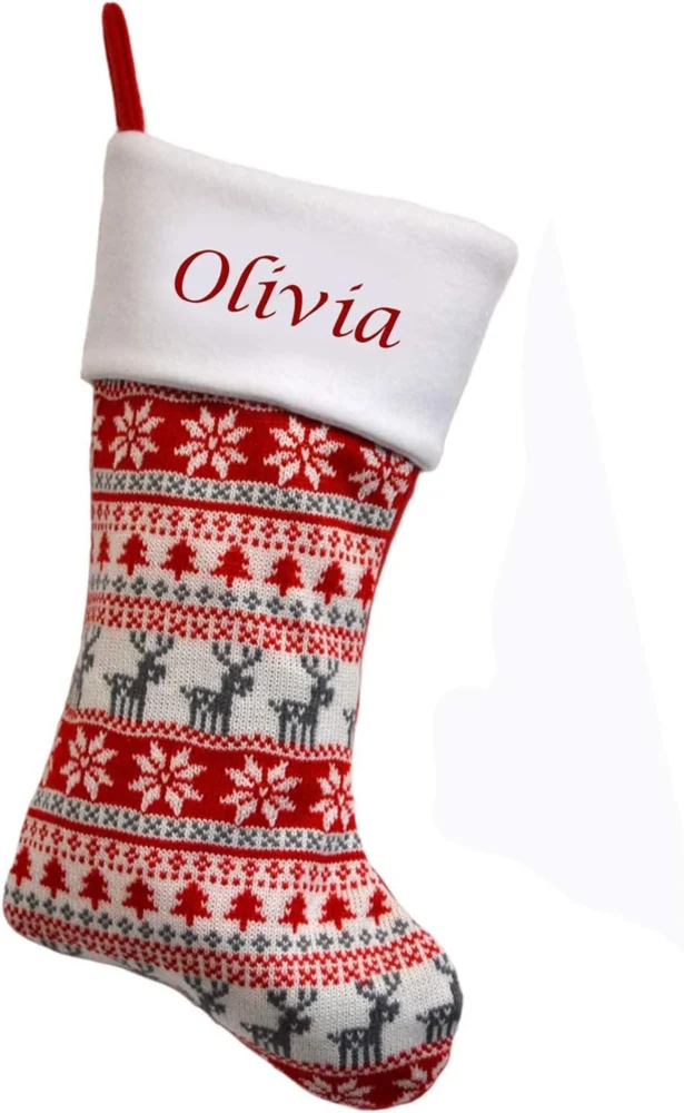 Personalised Fair Isle knit Christmas stocking, red and cream, 40 cm