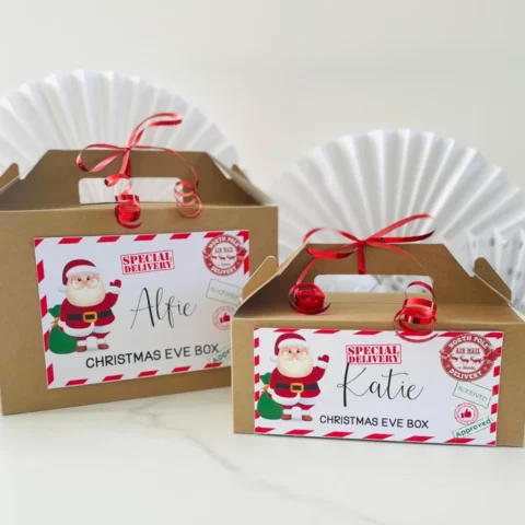 Personalised kraft card Christmas Eve box with flip top and ribbon