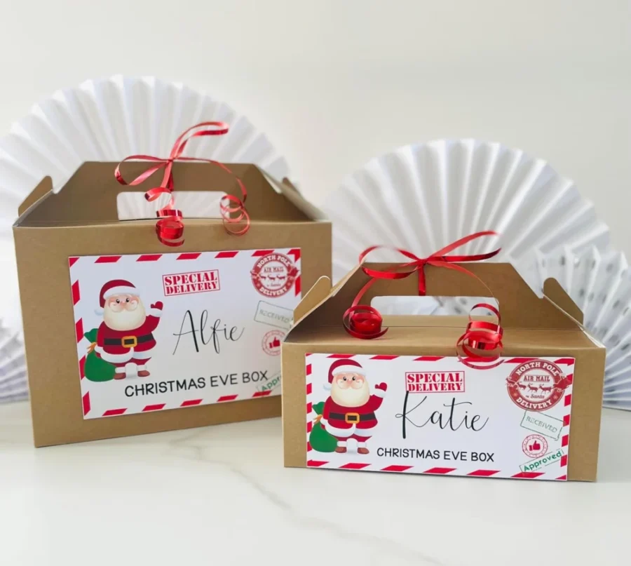 Personalised kraft card Christmas Eve box with flip top and ribbon