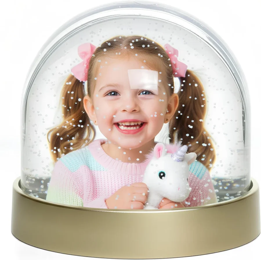 Personalised photo snow globe ornament, metallic finish, 9.1 cm