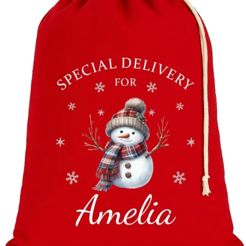 Personalised red cotton Christmas sack with snowman, 75 x 49 cm
