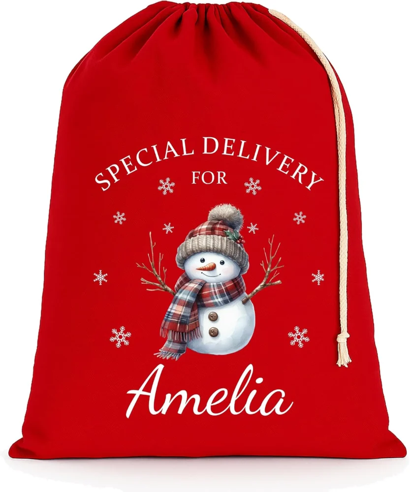 Personalised red cotton Christmas sack with snowman, 75 x 49 cm