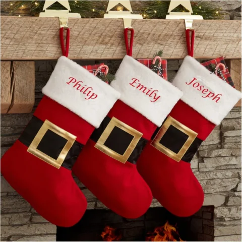 Personalised red Santa belt stocking, 40 cm, embroidered name