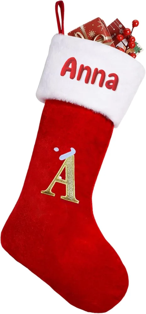 Personalised red velvet stocking with gold initial, 18.5 inch