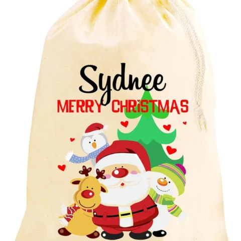 Personalised Santa and friends cotton sack, drawstring, 75 x 50 cm