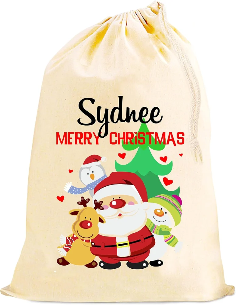 Personalised Santa and friends cotton sack, drawstring, 75 x 50 cm