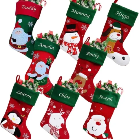 Personalised satin-lined reindeer stocking with green cuff, 40 cm