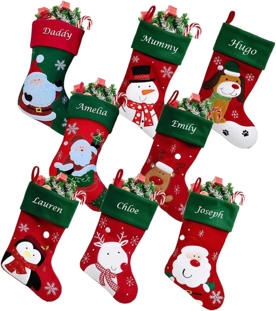 Personalised satin-lined reindeer stocking with green cuff, 40 cm