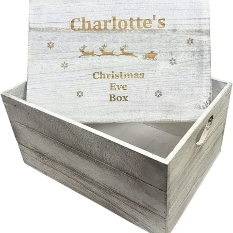 Personalised wooden Christmas Eve crate with heart handles, 35 x 25 cm