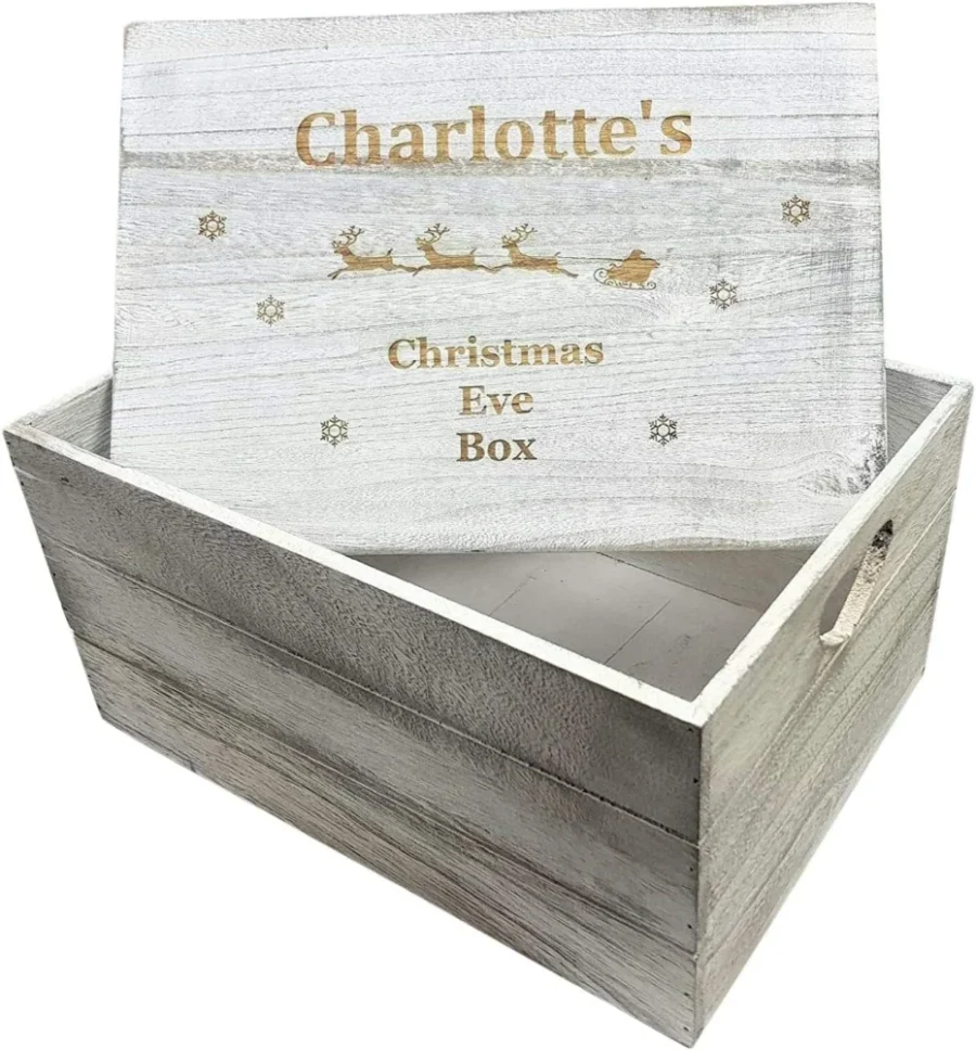 Personalised wooden Christmas Eve crate with heart handles, 35 x 25 cm