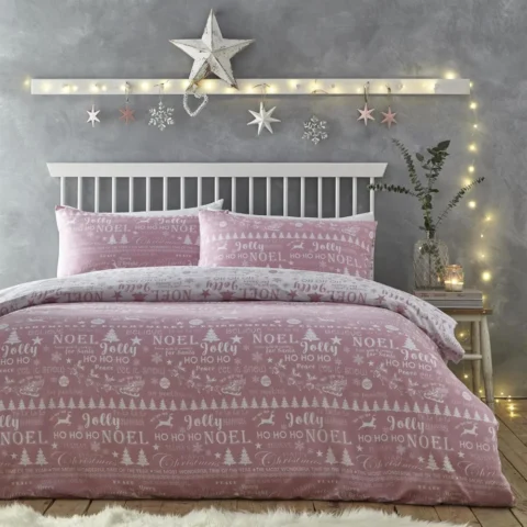 Pink king size Christmas duvet cover set, trees, stars and phrases