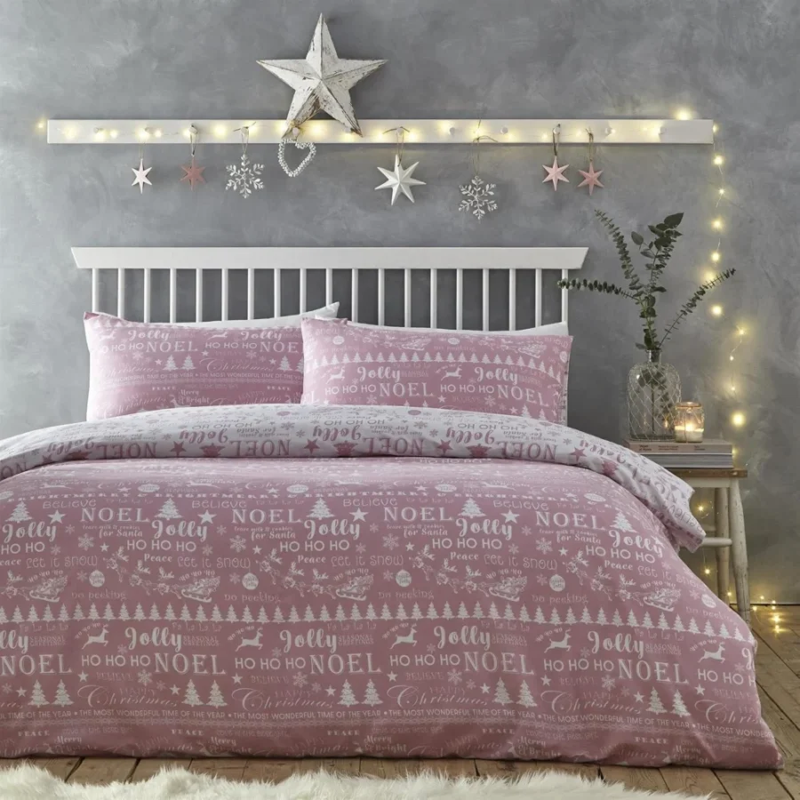 Pink king size Christmas duvet cover set, trees, stars and phrases