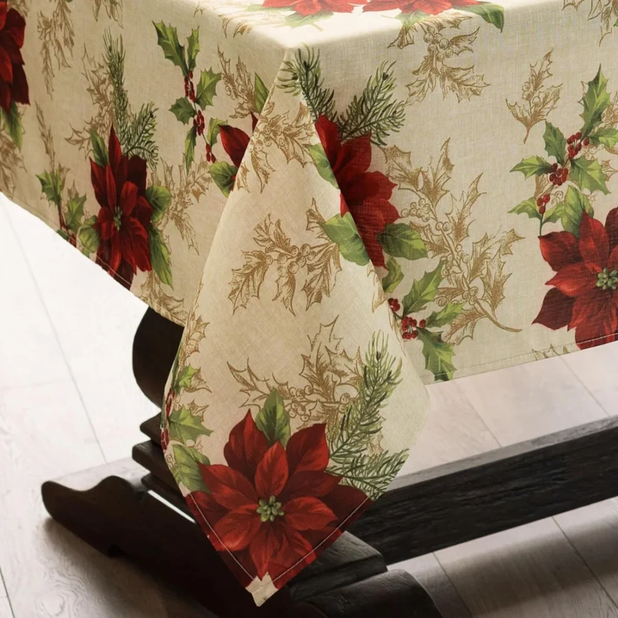Poinsettia print Christmas tablecloth, 152 x 213 cm, polyester