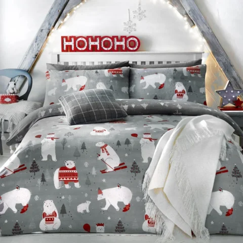 Polar bear single duvet cover set in silver, polycotton, reversible