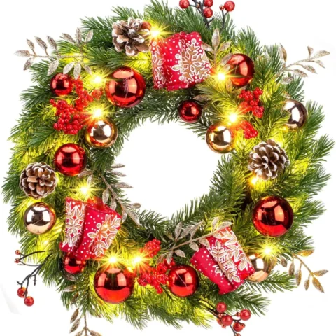 Pre-lit 40 cm Christmas wreath, 40 warm white LEDs, timer