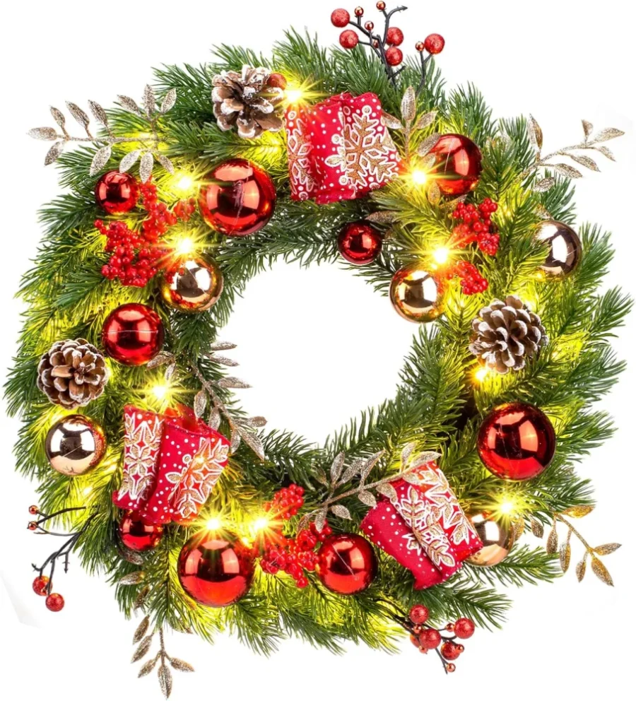 Pre-lit 40 cm Christmas wreath, 40 warm white LEDs, timer