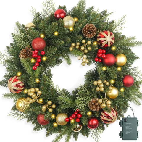 Pre-lit 61 cm wreath, 50 LEDs, red and gold balls and pine cones