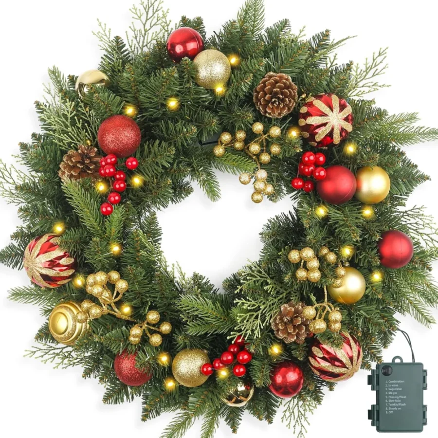 Pre-lit 61 cm wreath, 50 LEDs, red and gold balls and pine cones