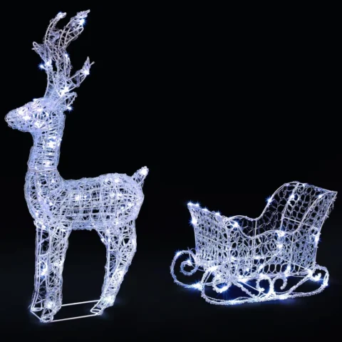 Pre-lit acrylic reindeer and sleigh, 82 cm, 180 cool white LEDs