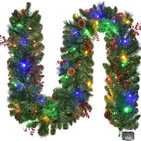 Pre-lit dark green garland, 9 ft, 50 warm white LEDs, red berries