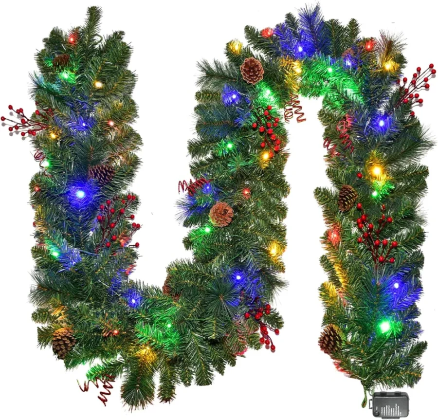 Pre-lit dark green garland, 9 ft, 50 warm white LEDs, red berries