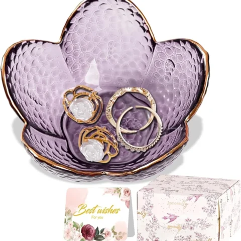 Purple glass flower trinket dish with gilded edges, 9 cm