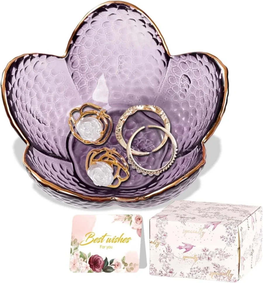 Purple glass flower trinket dish with gilded edges, 9 cm