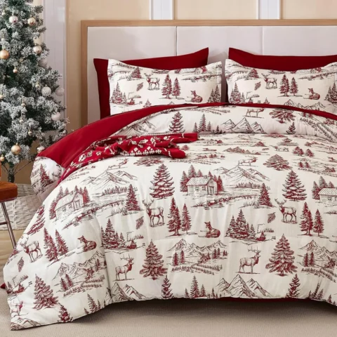 Red and beige Christmas tree and deer king duvet set, microfibre