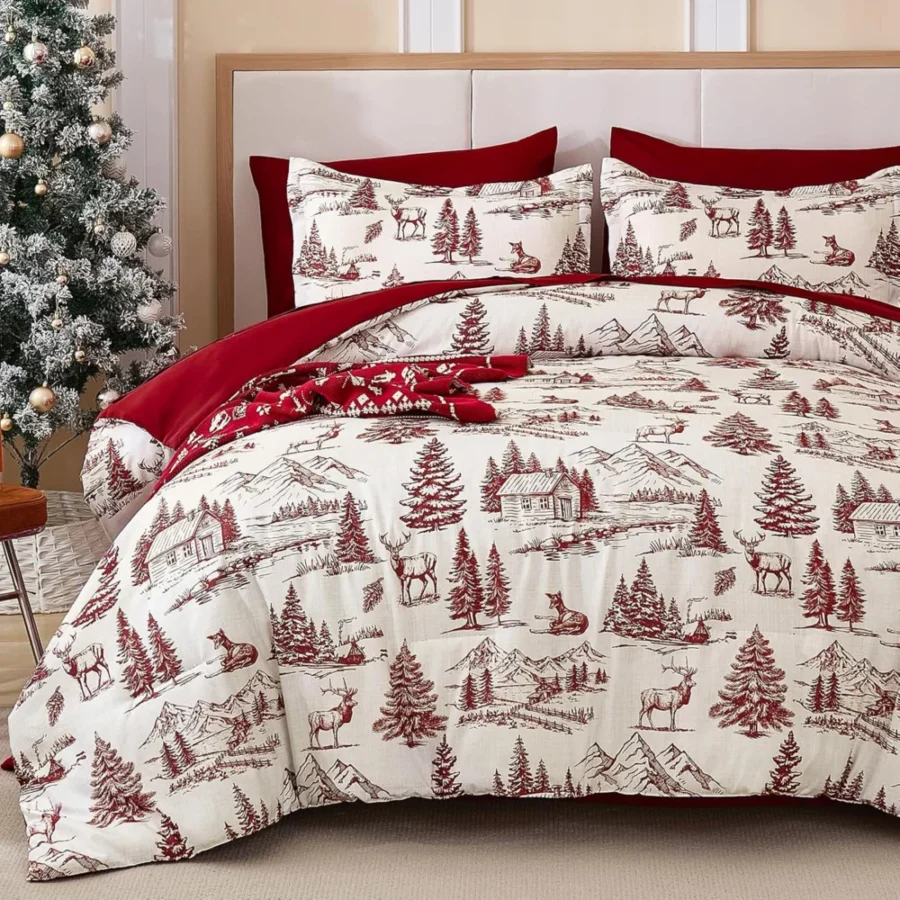 Red and beige Christmas tree and deer king duvet set, microfibre