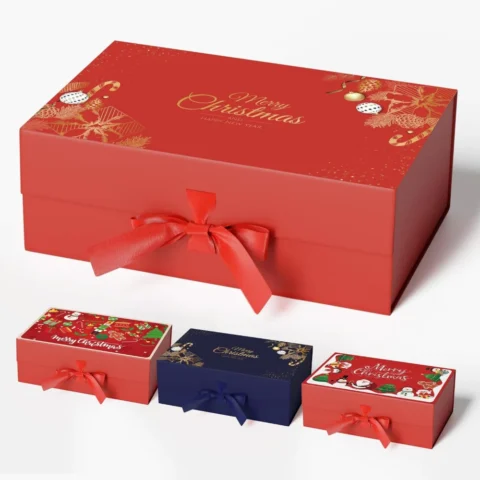 Red and gold magnetic Christmas gift box with bow tie, 32.2 cm