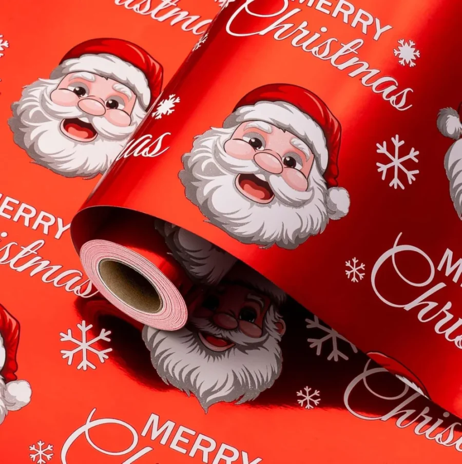 Red and white metallic Christmas wrapping paper roll, 43 cm x 10 m