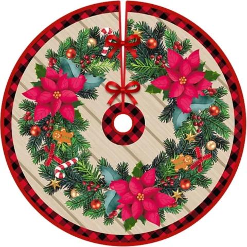 Red and white polyester tree skirt, 90 cm, drawstring closure