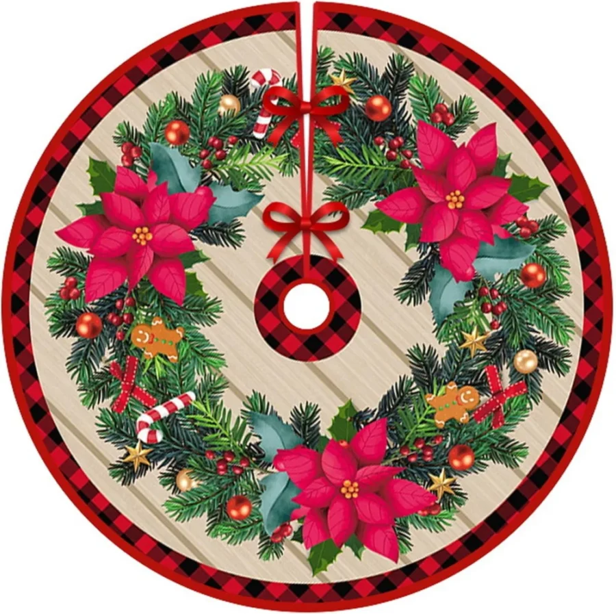Red and white polyester tree skirt, 90 cm, drawstring closure