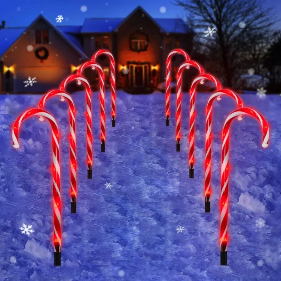 Red candy cane path lights, set of 10, 53 cm tall, 60 LEDs, plug in