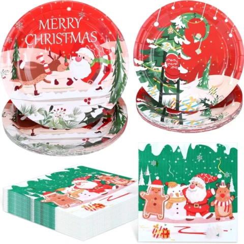 Red Christmas paper plates and napkins for 24 guests, 72 pieces