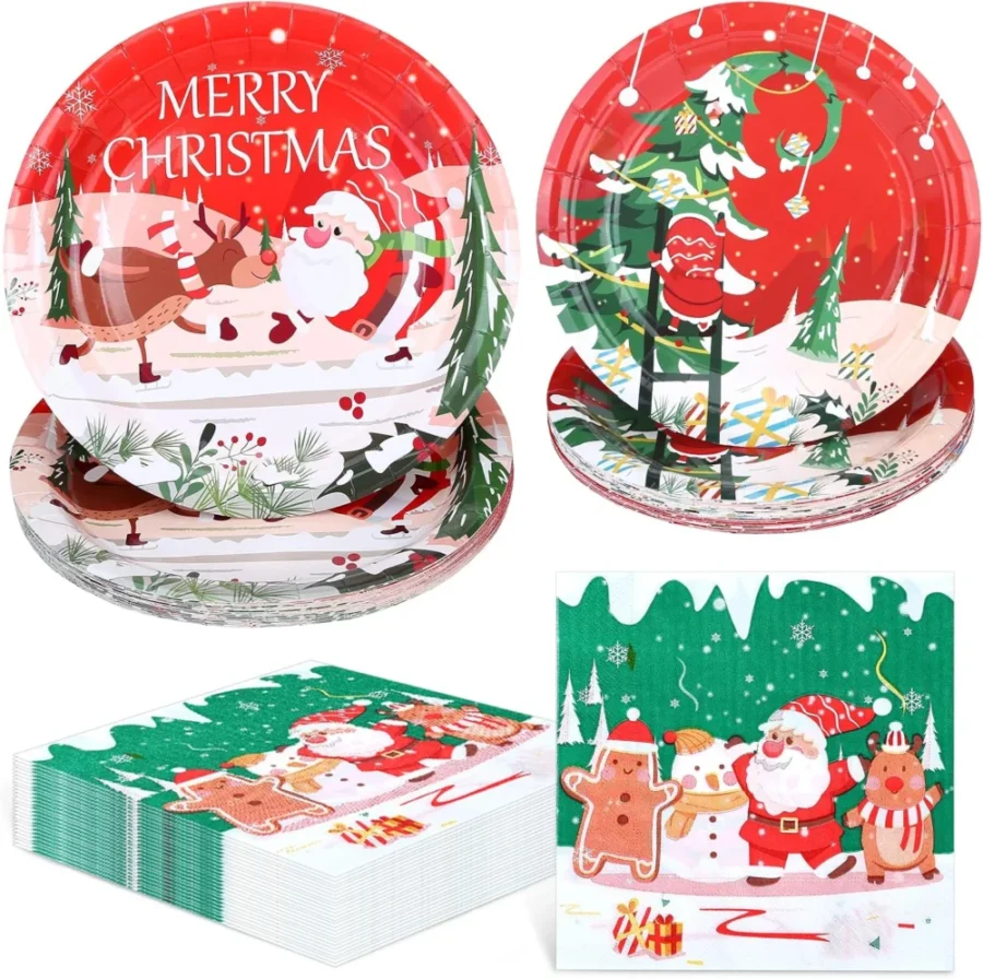 Red Christmas paper plates and napkins for 24 guests, 72 pieces
