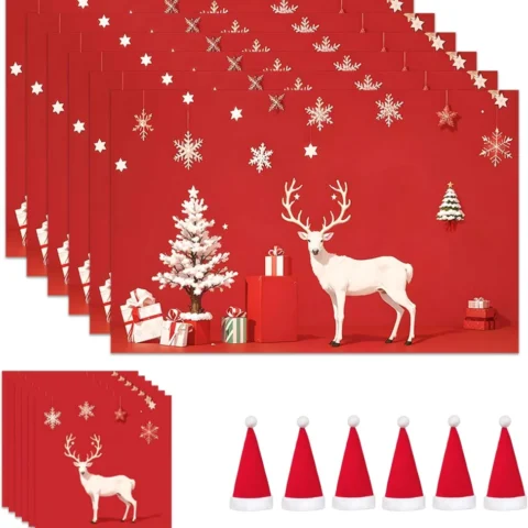 Red Christmas table set: 6 placemats, 6 coasters, 6 cutlery holders