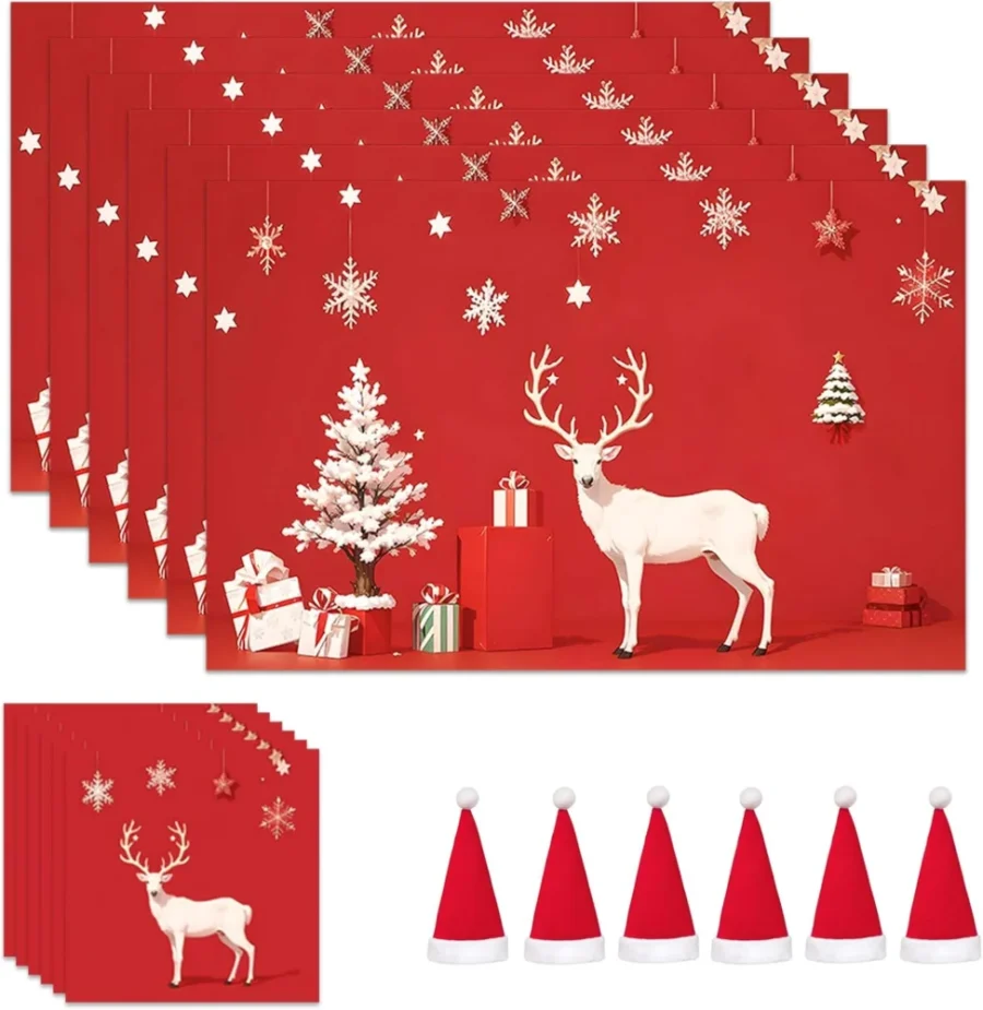 Red Christmas table set: 6 placemats, 6 coasters, 6 cutlery holders