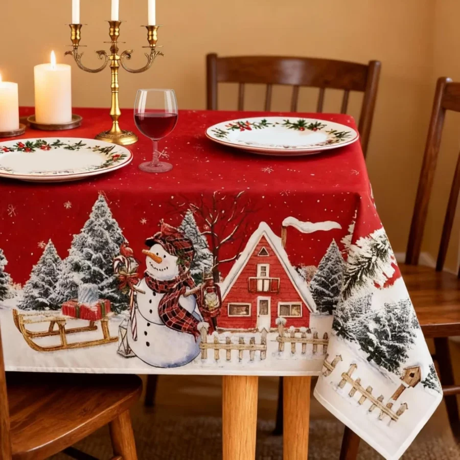 Red Christmas tablecloth with snowmen and houses, 180 x 150 cm