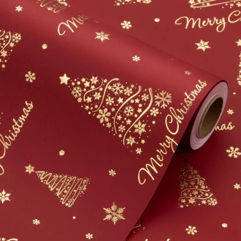 Red Christmas wrap mini roll with embossed gold trees, 43 cm x 10 m