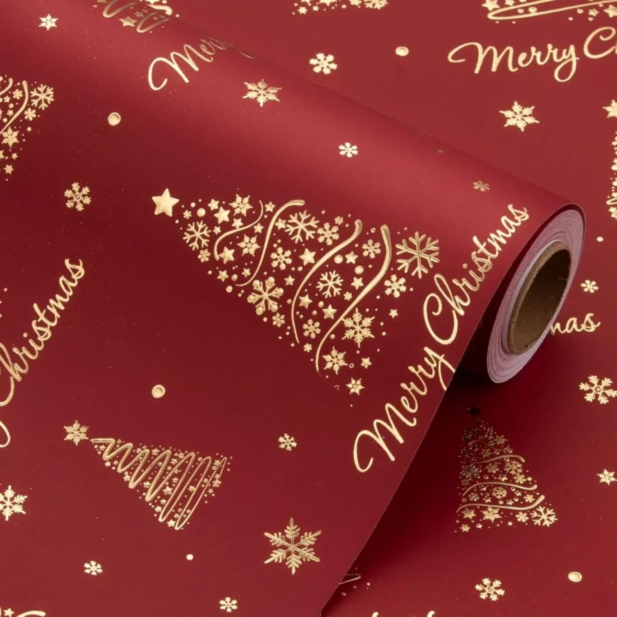 Red Christmas wrap mini roll with embossed gold trees, 43 cm x 10 m