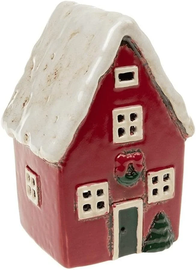 Red Cornish village pottery cottage lantern for a tealight, 16 cm