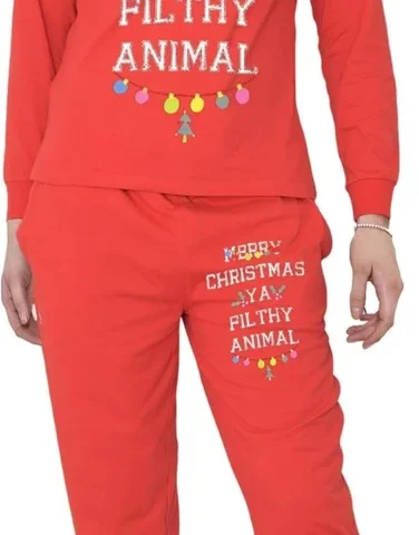 Red cotton Christmas pyjamas with a Merry Christmas slogan, S to XXL